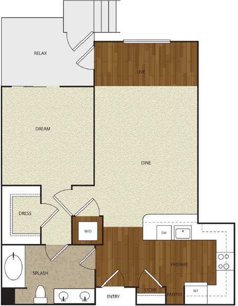 Floor plan for 1 bed, 1 bath, 759 sqft